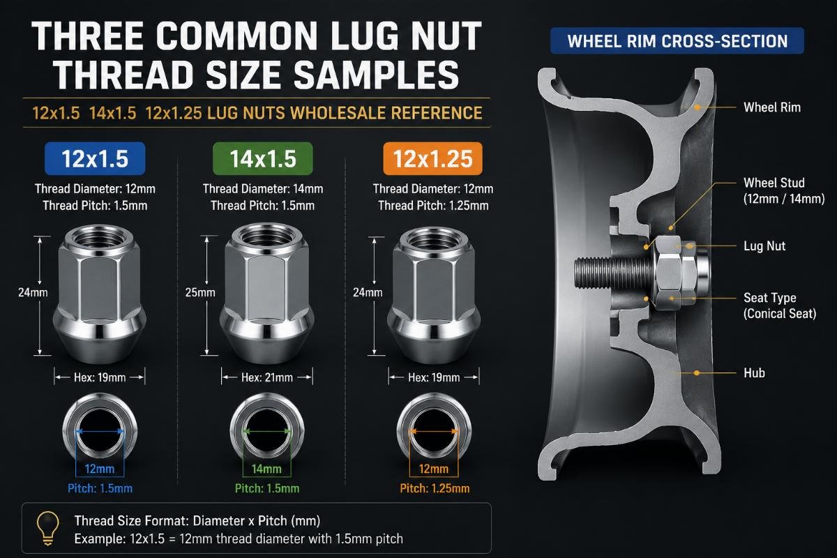 12x1.5 14x1.5 12x1.25 lug nuts wholesale reference Three common lug nut thread size samples laid out next to a wheel rim cross-section