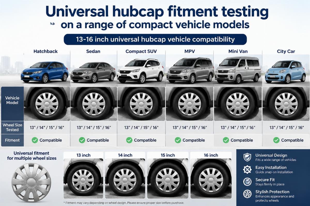 13-16 inch universal hubcap vehicle compatibility Universal hubcap fitment testing on a range of compact vehicle models