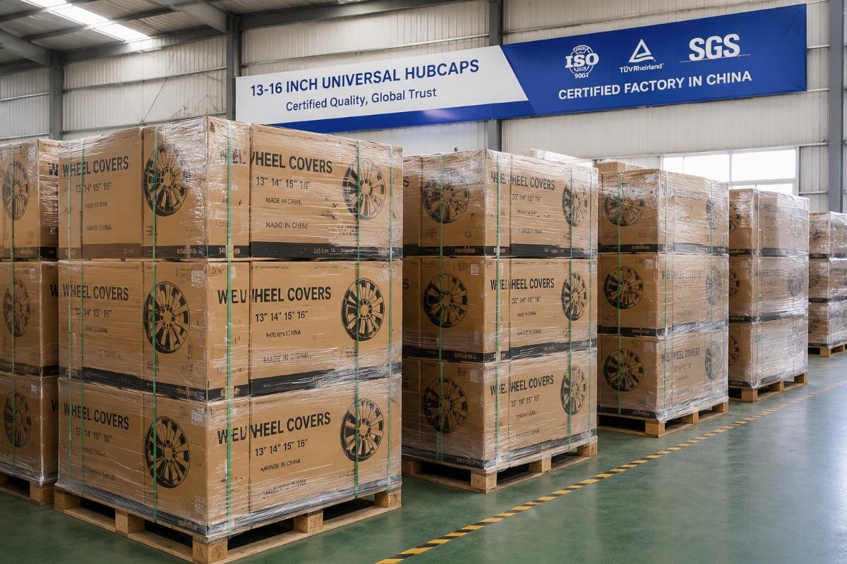 Stacked pallets of 13-16 inch universal hubcaps in a certified China factory warehouse