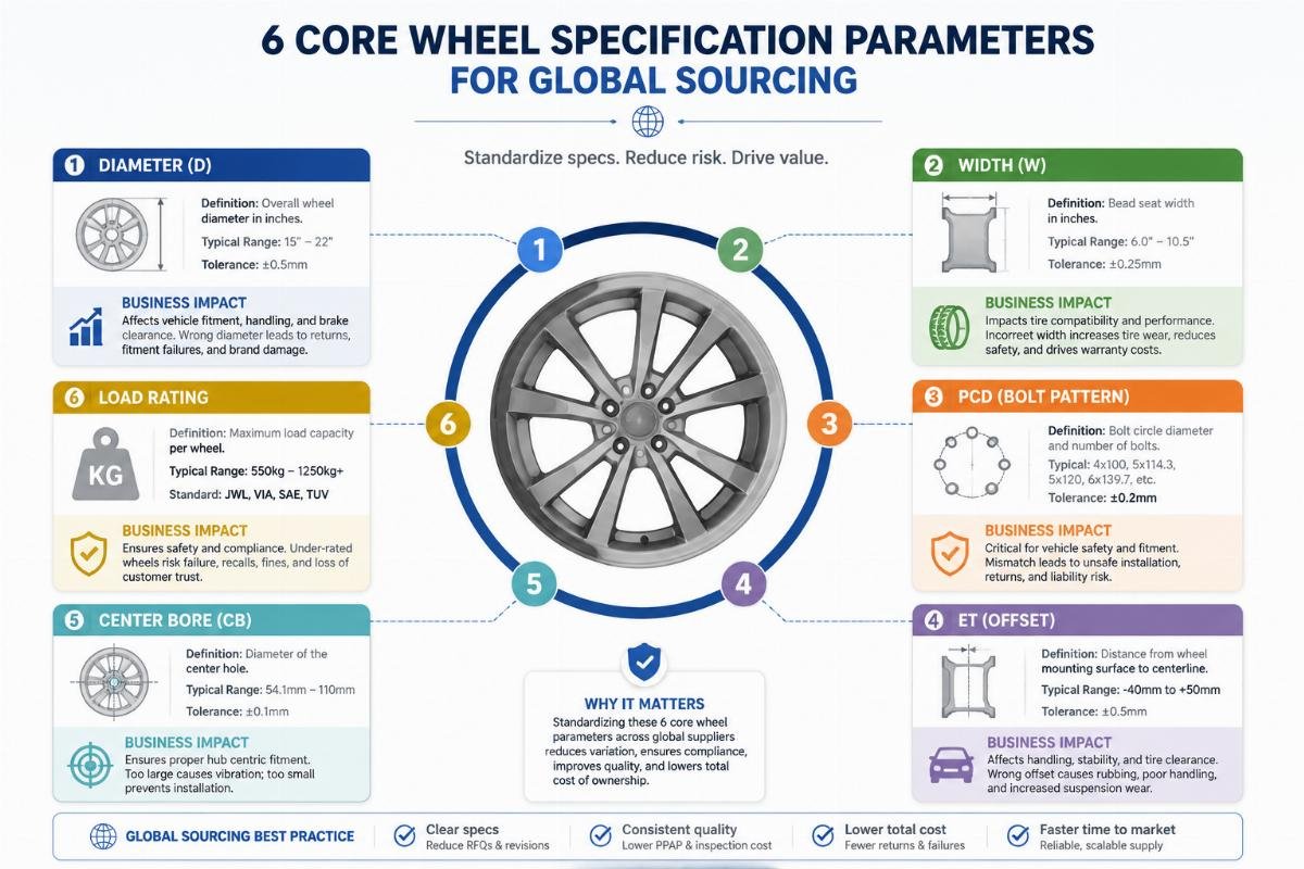 A labeled diagram of the 6 core wheel specification parameters with real business impact notes