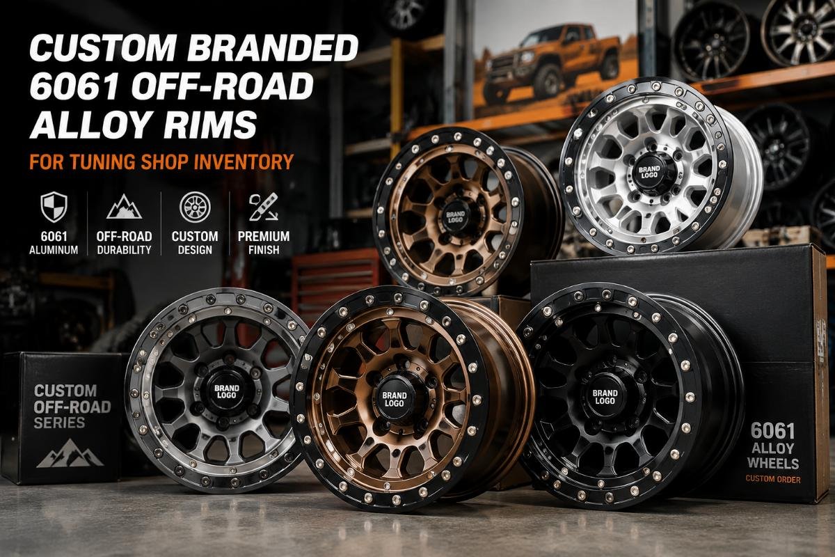 Custom branded 6061 off-road alloy rims for tuning shop inventory