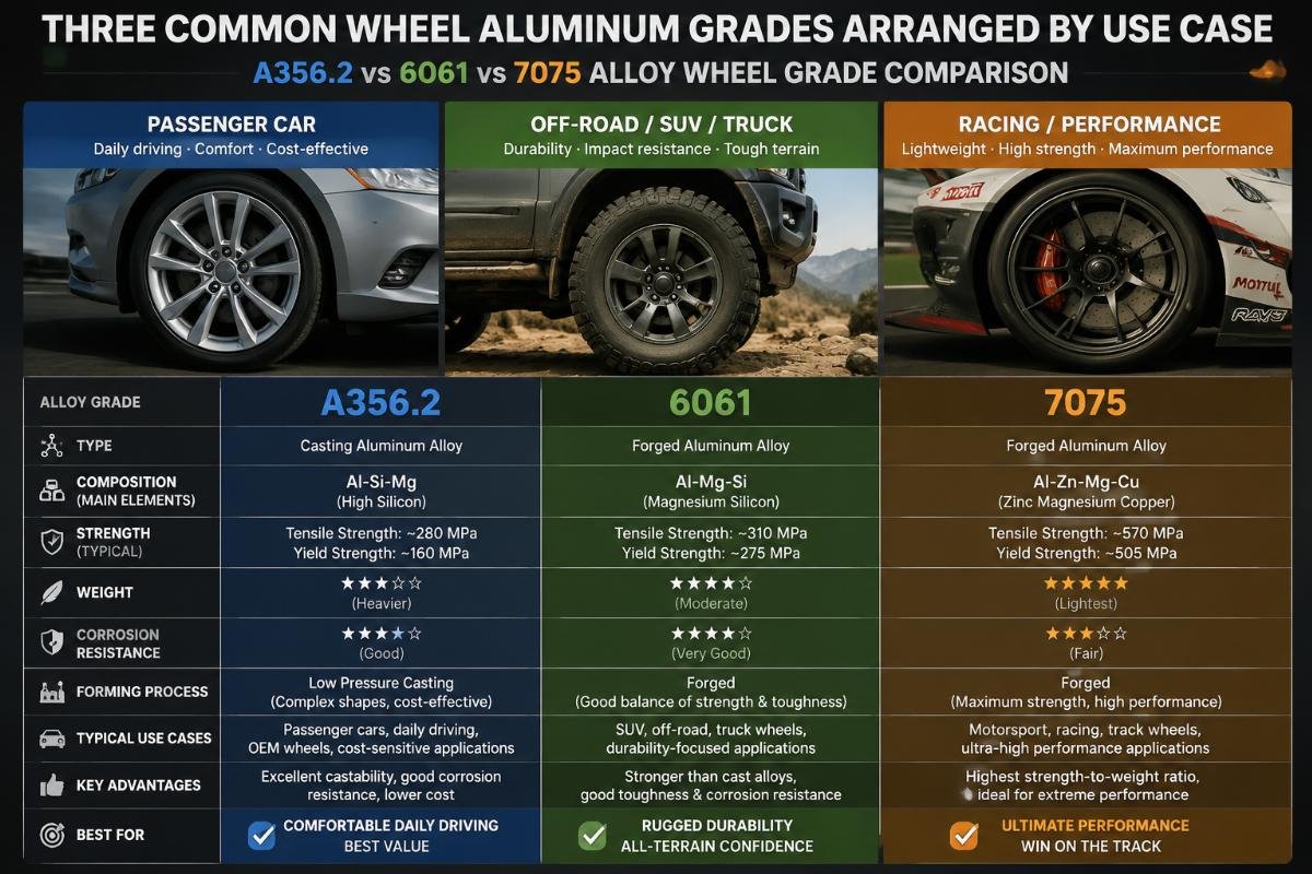 Three common wheel aluminum grades arranged by use case (passenger car, off-road, racing)