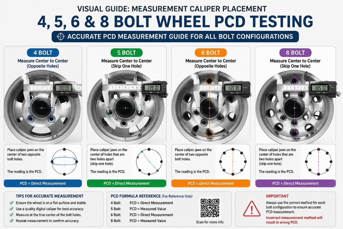 Visual guide showing measurement caliper placement for 4,5,6 and 8 bolt wheel PCD testing