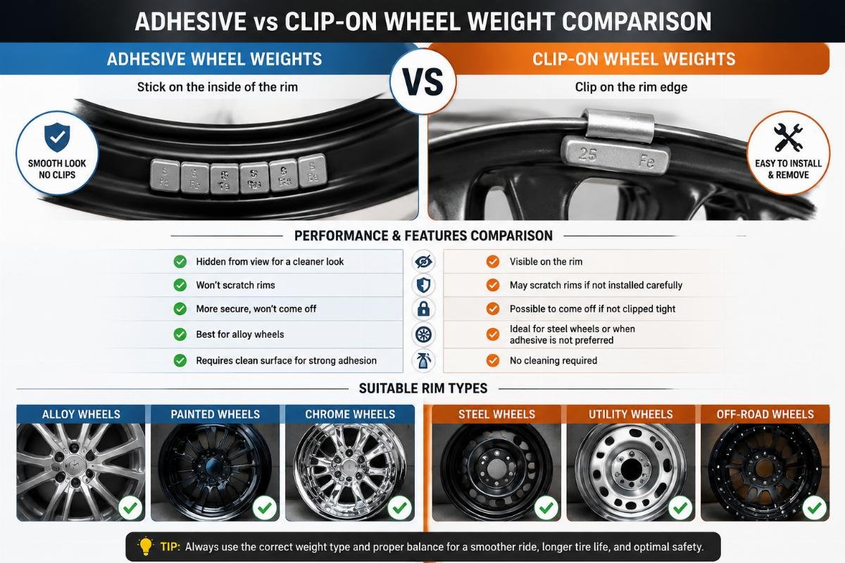Side by side comparison of adhesive and clip-on wheel balancing weights on different rim types