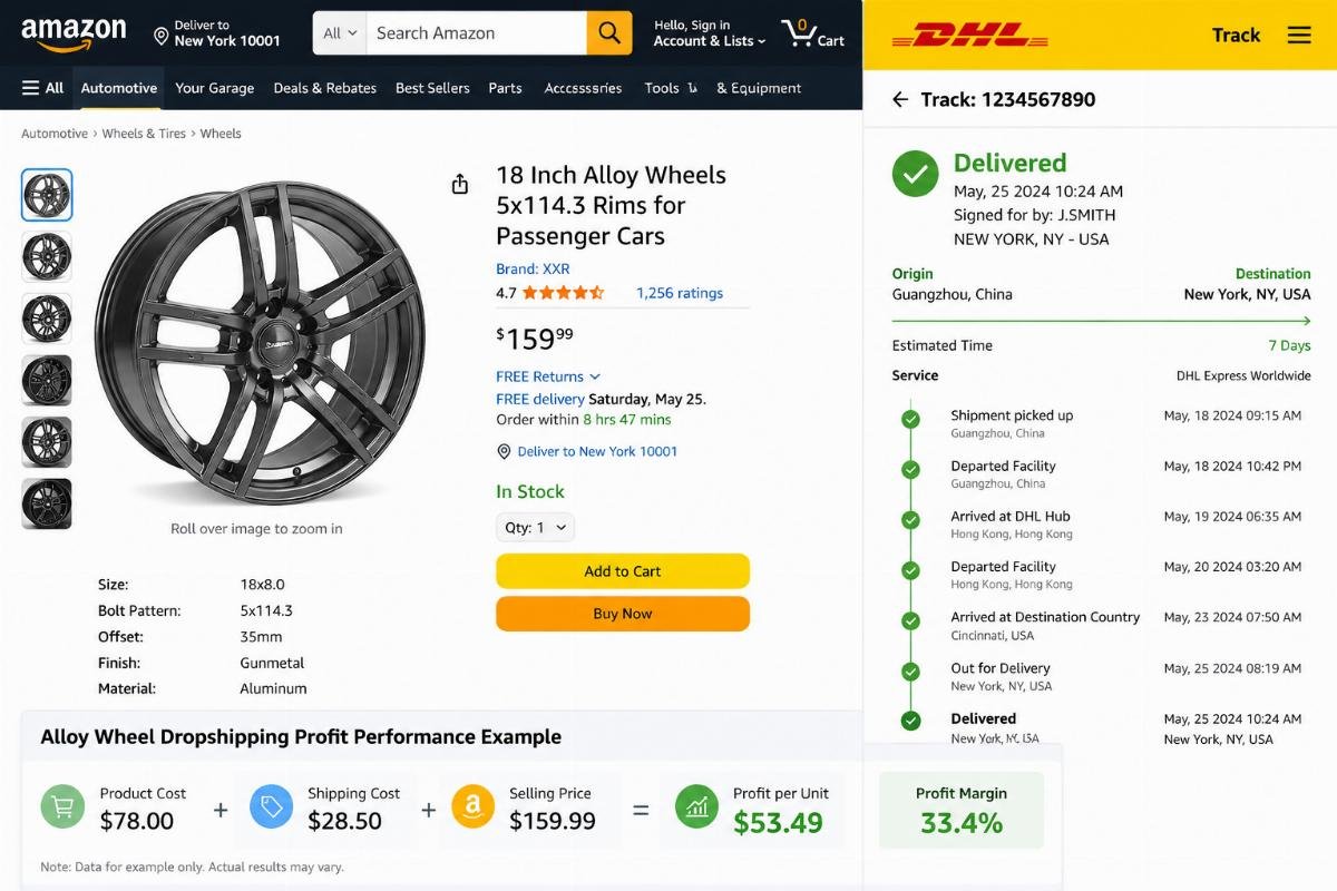 A screenshot of an Amazon listing for 18 inch passenger car alloy wheels alongside a delivery tracking screenshot for a DHL 7 day shipment