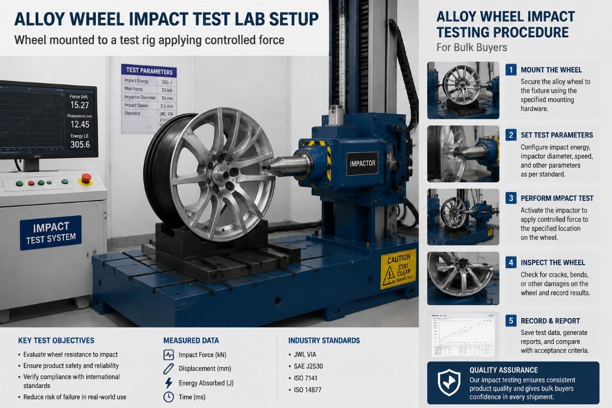 Alloy wheel impact testing procedure for bulk buyers Alloy wheel impact test lab setup showing a wheel mounted to a test rig applying controlled force