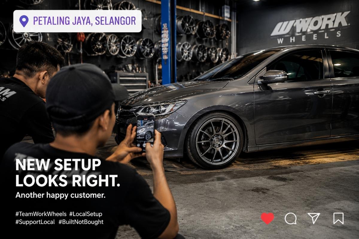 A modification shop team taking a quick phone photo of a just-installed wheel set on a local customer's sedan, with a location tag overlay