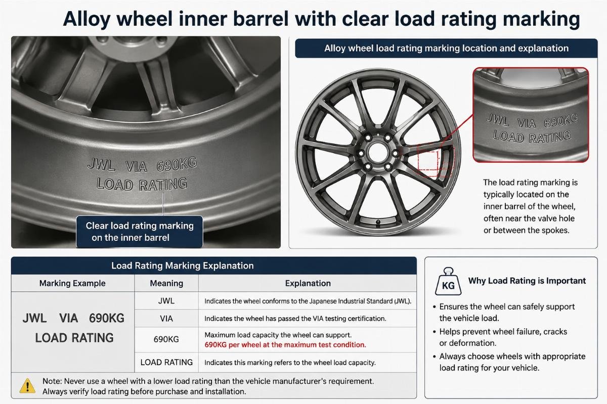 Alloy wheel inner barrel with clear load rating marking