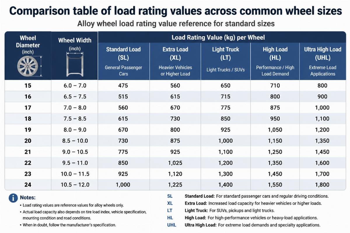 Comparison table of load rating values across common wheel sizes