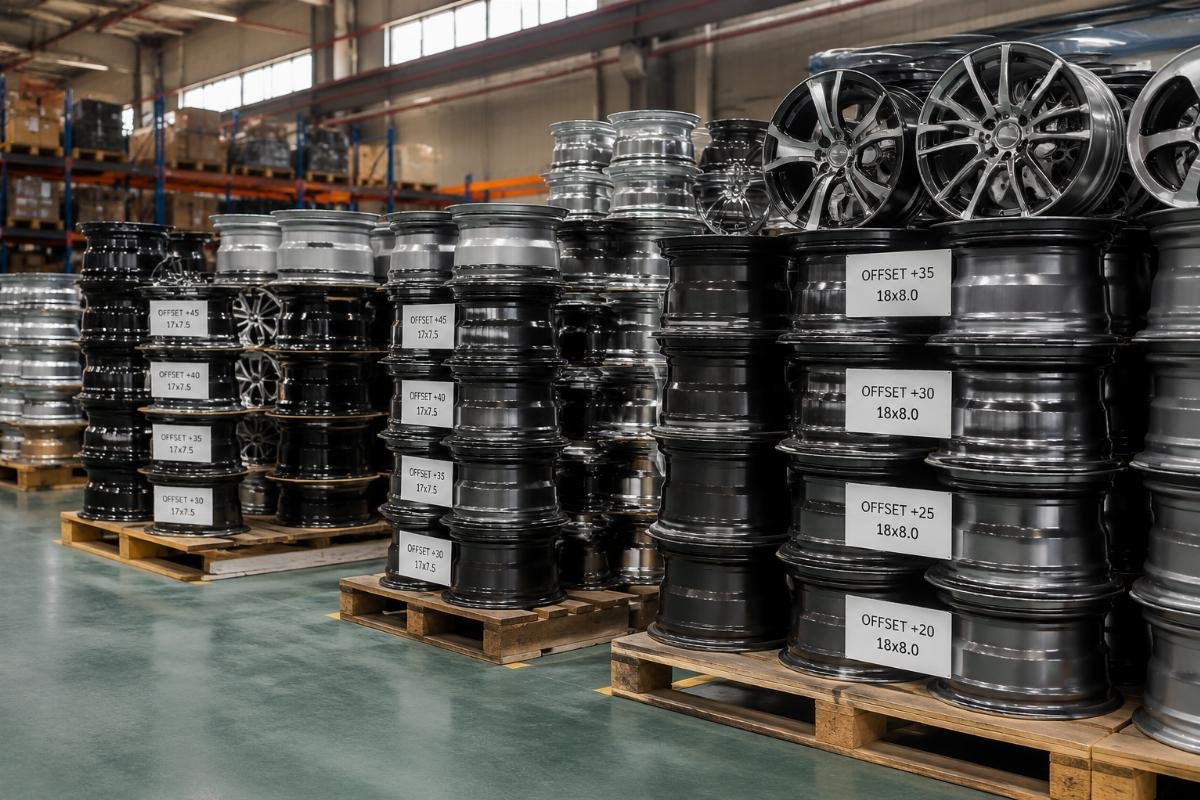 Alloy wheels stacked in a factory warehouse sorted by offset specification and size