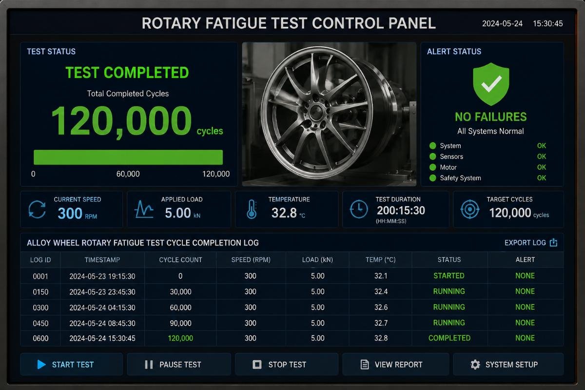 Rotary fatigue test control panel showing 120,000 completed cycles with zero failure alerts