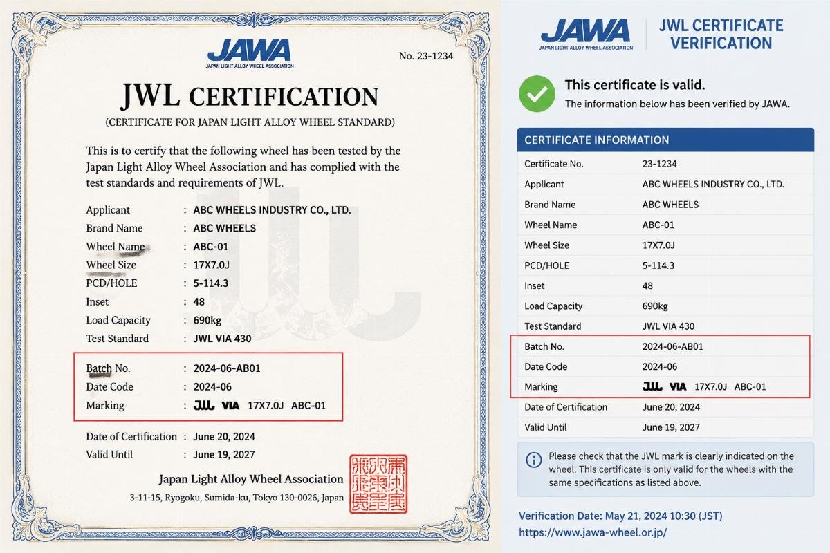 Valid JWL certification document sample with batch markings