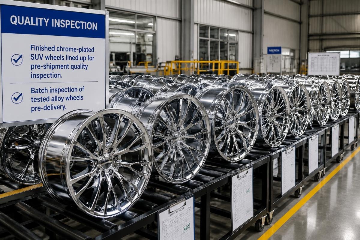 Finished chrome-plated SUV wheels lined up for pre-shipment quality inspection