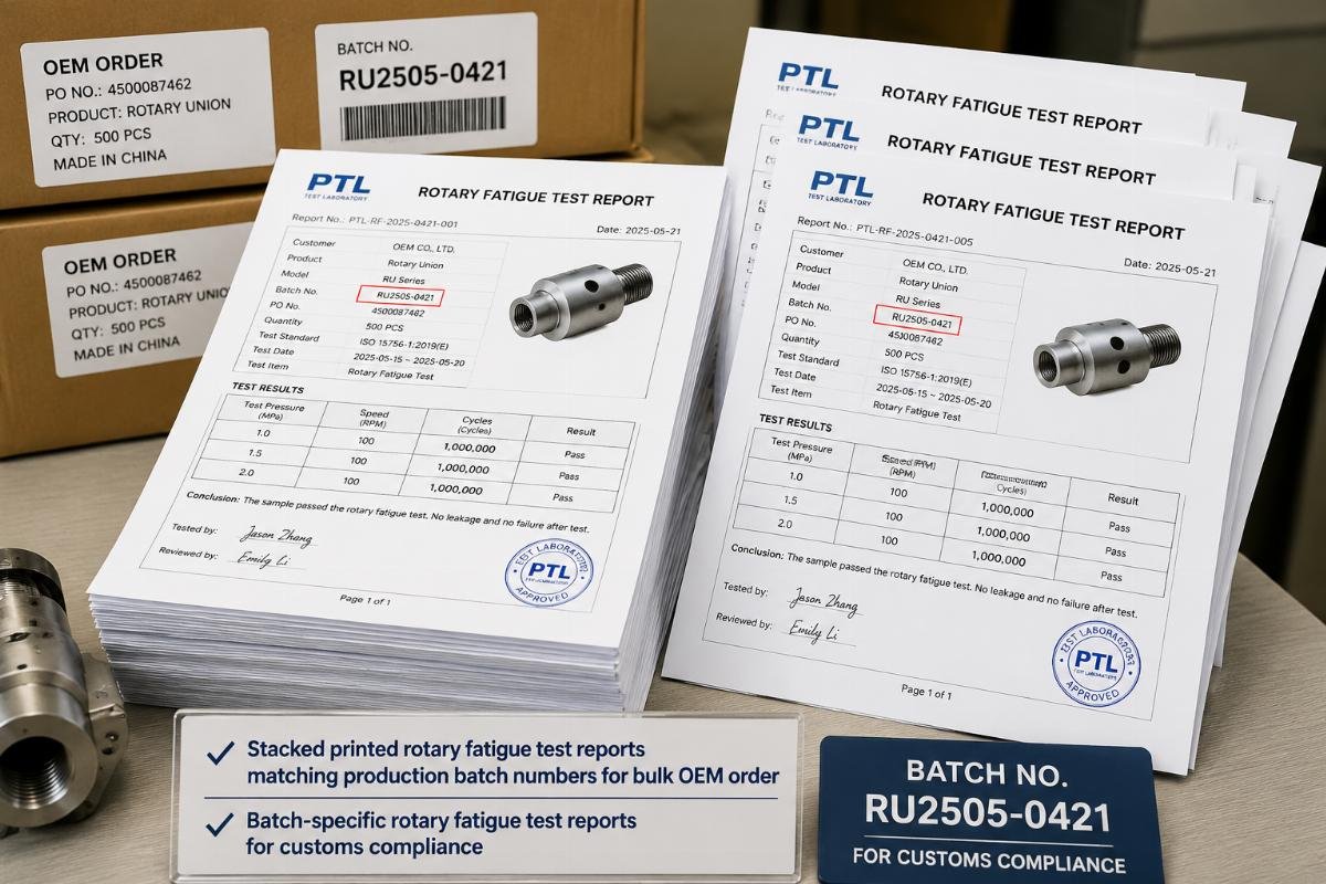 Stacked printed rotary fatigue test reports matching production batch numbers for a bulk OEM order
