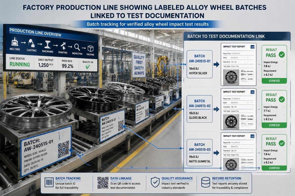 Factory production line showing labeled alloy wheel batches linked to test documentation