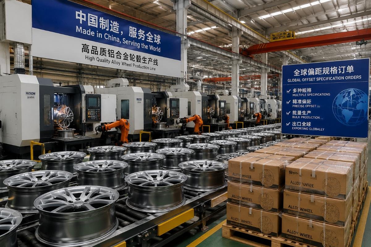 Alloy wheel production line in a Chinese factory with finished wheels ready for packaging