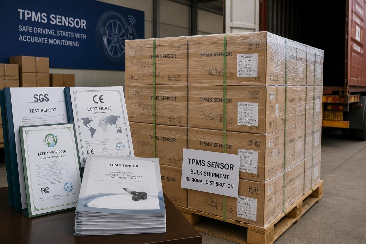 Certification documentation stack next to a bulk shipment of TPMS sensors ready for container loading
