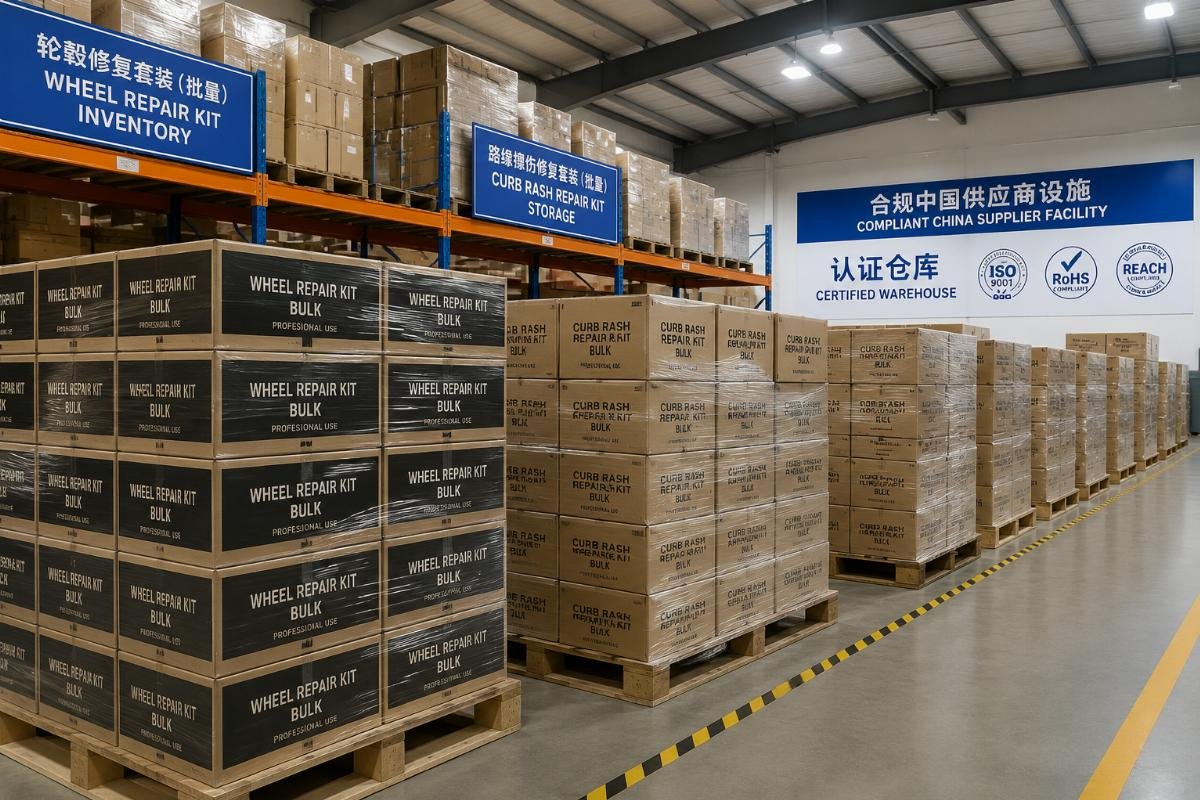 Bulk wheel repair kit inventory stacked in a certified China warehouse