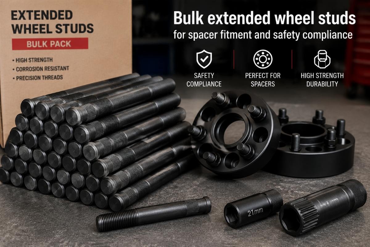 Bulk extended wheel studs stacked next to spacer and wheel fitment tools