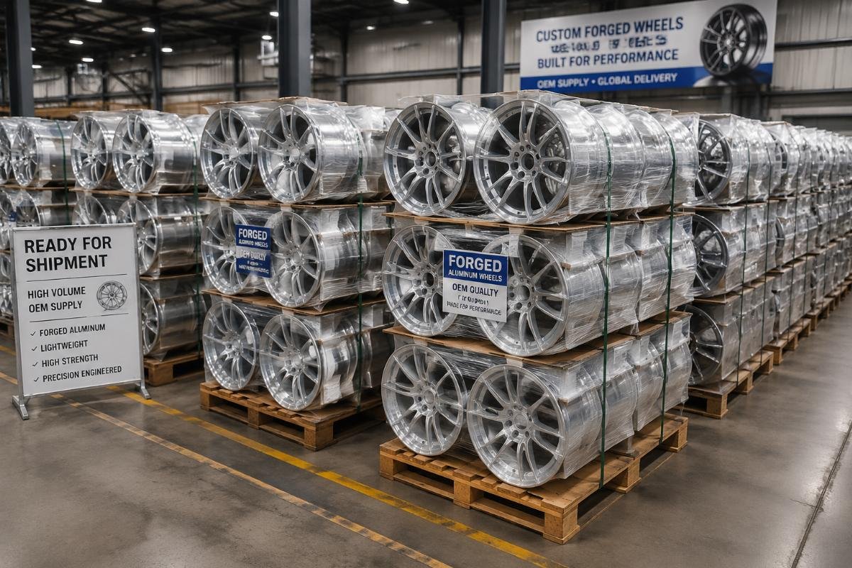 High volume stacked forged aluminum wheel units in a factory warehouse ready for shipment