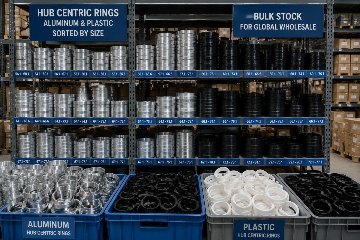 bulk hub centric rings stock for global wholesale A warehouse stack of mixed aluminum and plastic hub centric rings sorted by size