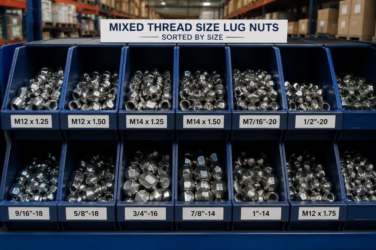 bulk lug nut storage for wholesale distribution Mixed thread size lug nuts sorted by size in a warehouse storage bin