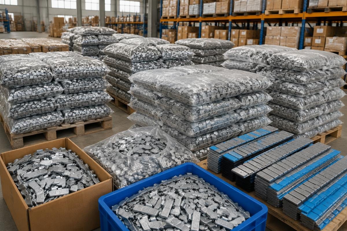 Bulk adhesive and clip-on wheel balancing weights stacked in factory warehouse