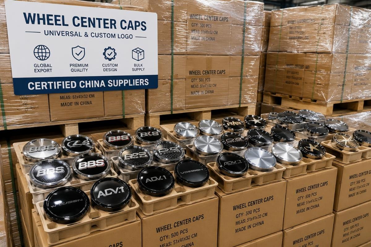Bulk stacked universal and custom logo wheel center caps ready for export shipment