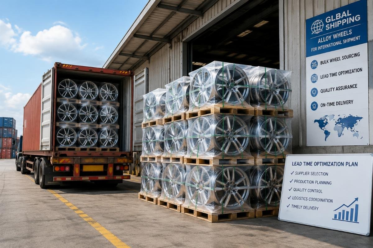 A container loading dock with stacked alloy wheels for international shipment