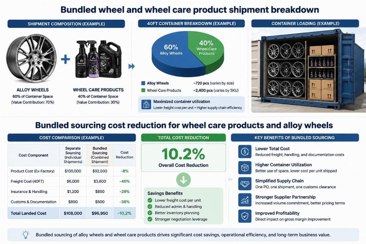 Bundled wheel and wheel care product container shipment breakdown