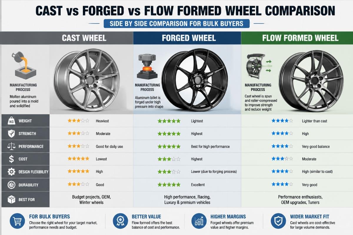 Side by side comparison of cast, forged and flow-formed alloy wheels