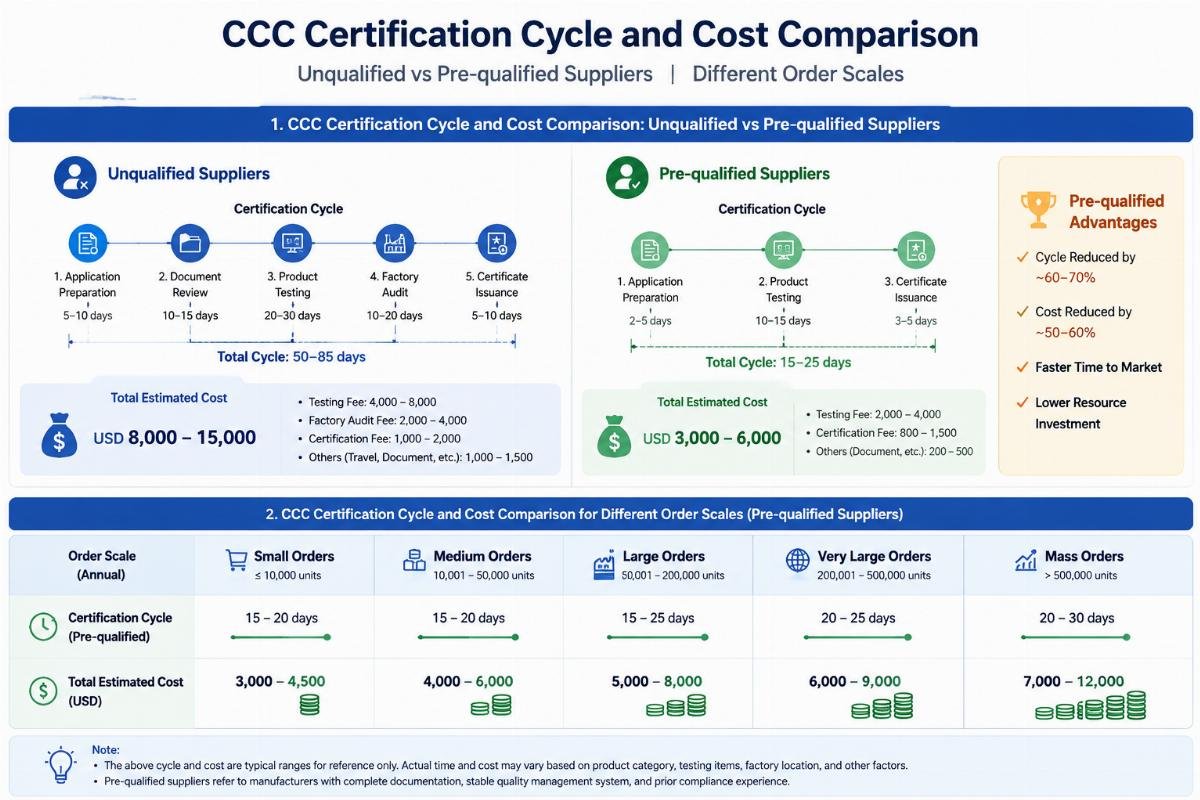 A chart showing CCC certification cycle and cost comparison between unqualified and pre-qualified suppliers