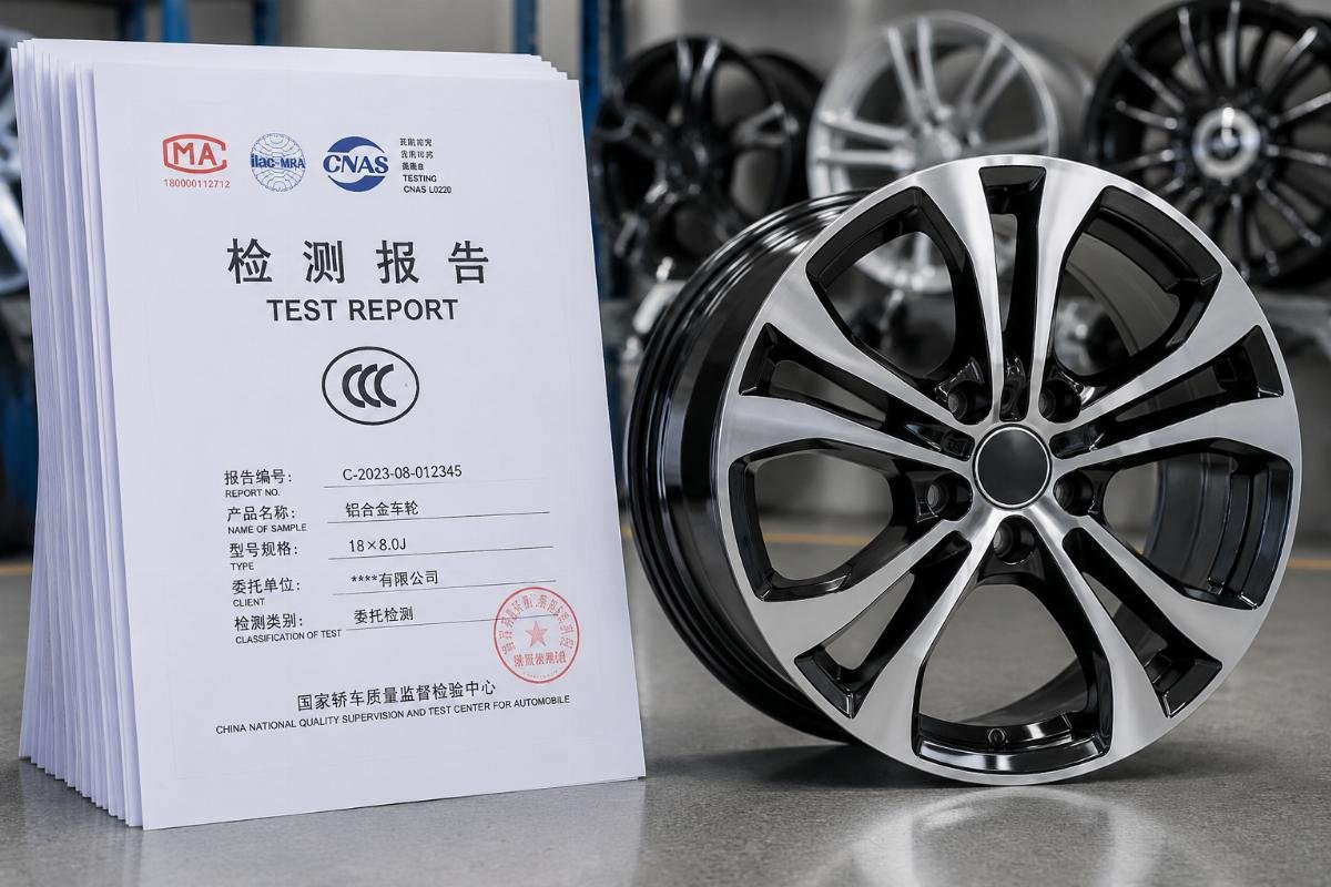 A stack of CCC compliance test reports next to a set of passenger car alloy wheels