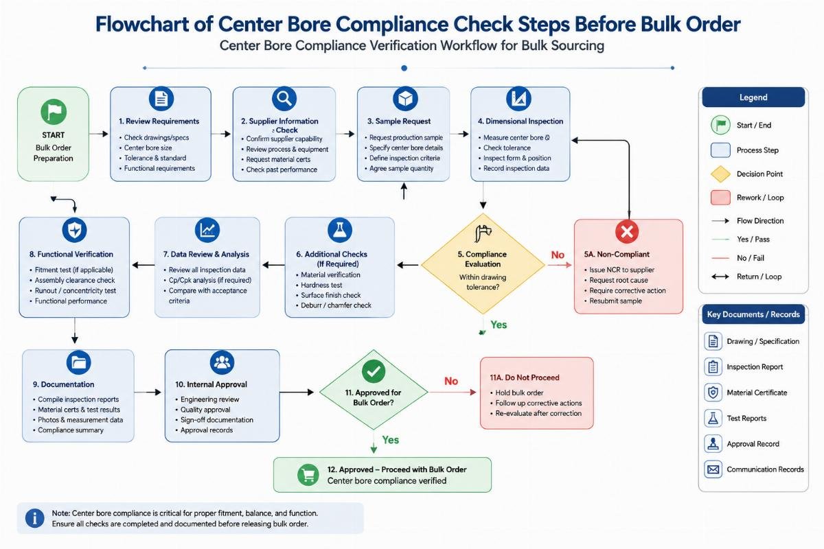 Flowchart of center bore compliance check steps before bulk order