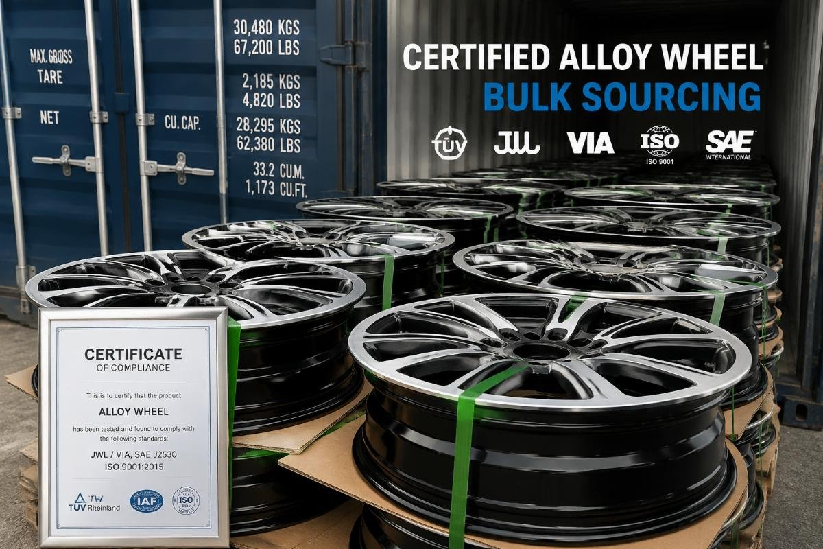 A stack of certified heavy-duty alloy wheels ready for container shipment