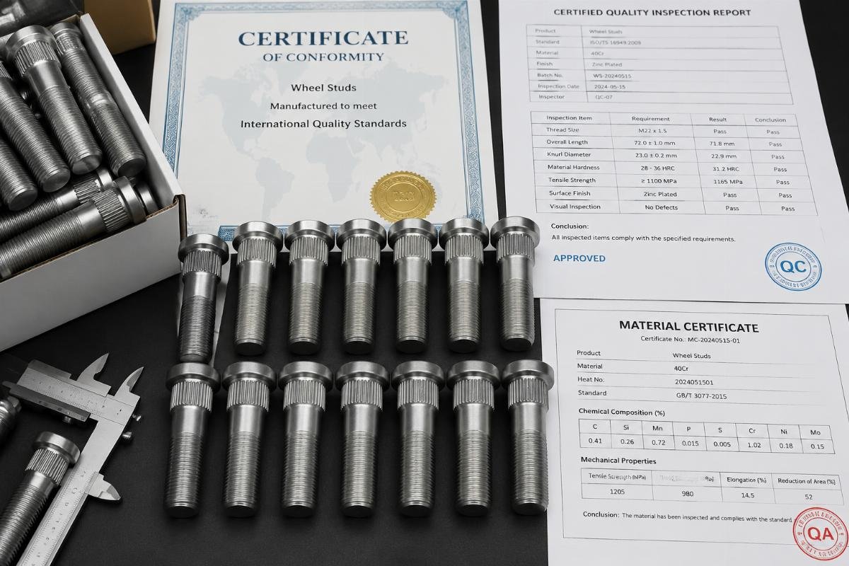 Certified wheel stud samples laid out with official certification documentation paperwork