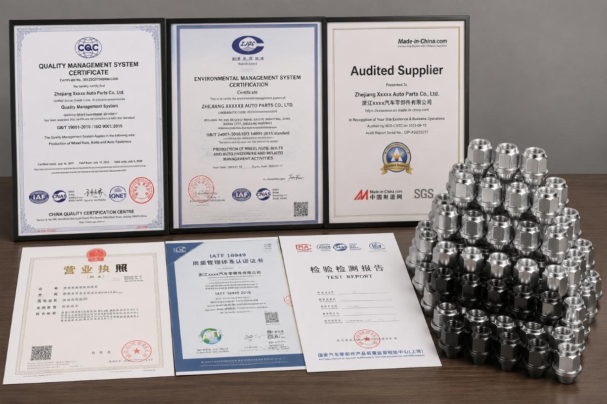 certified China auto parts supplier documentation Certification documents laid out next to a stack of finished lug nut units