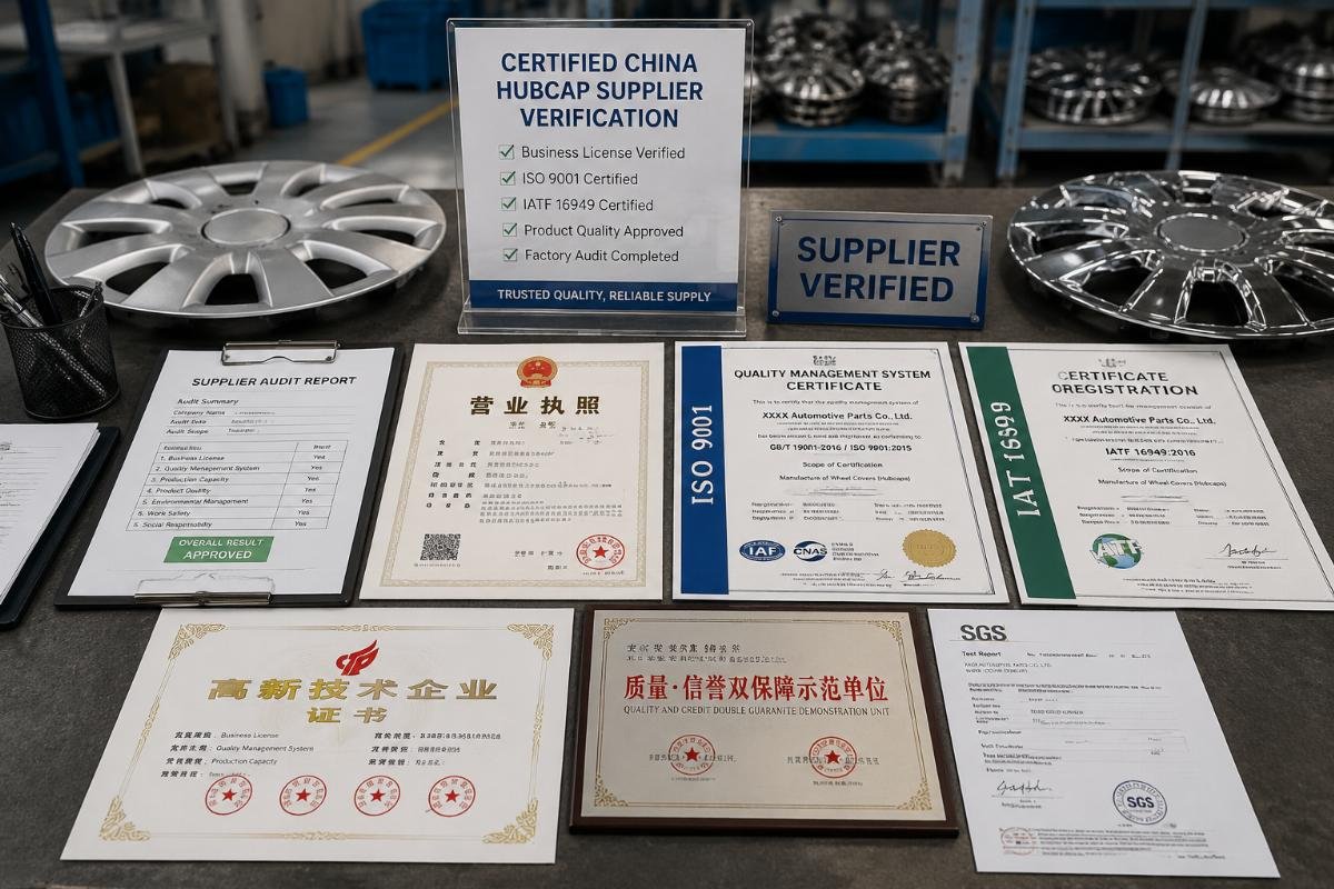 certified China hubcap supplier verification Supplier certification document samples laid out on a factory desk