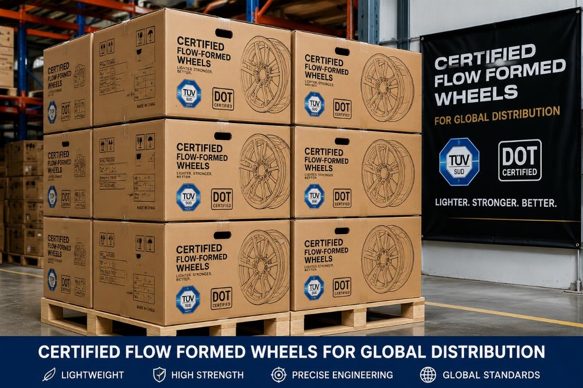 Certified flow formed wheels for global distribution Stack of certified flow-formed wheel boxes labeled with TüV and DOT marks