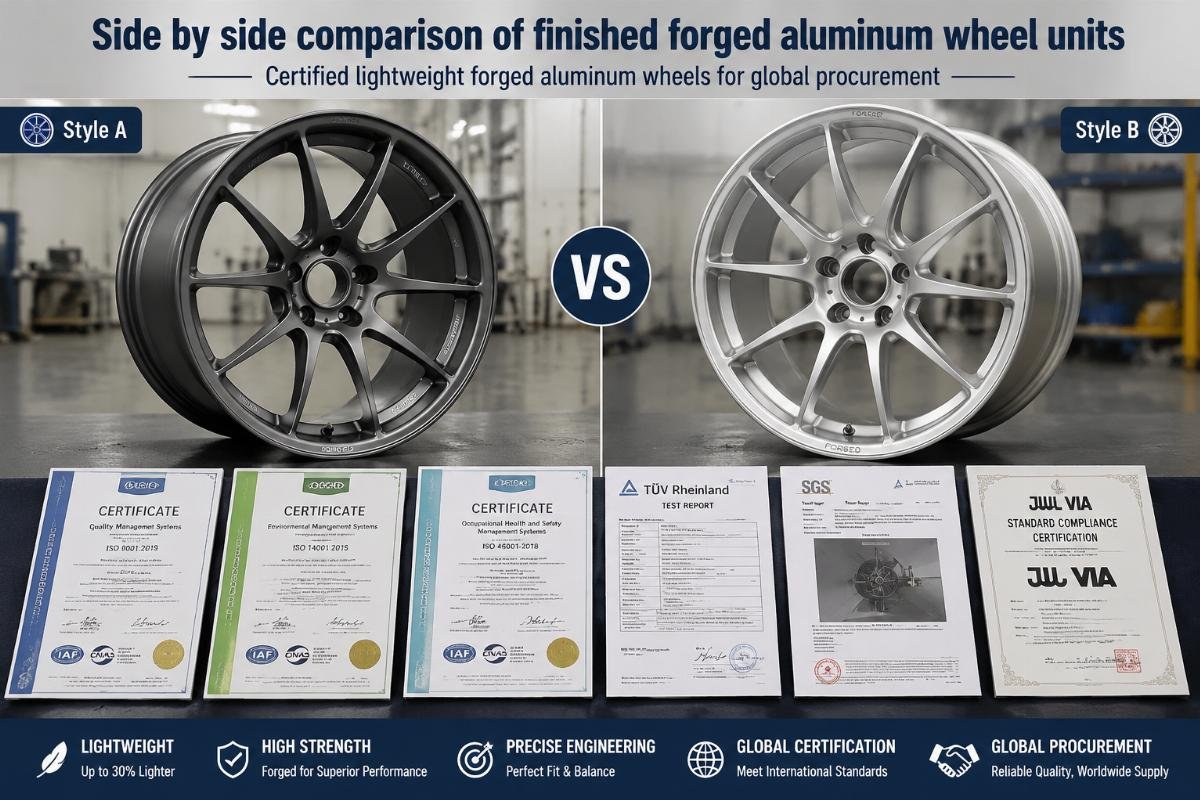 Side by side comparison of finished forged aluminum wheel units with certification documentation laid out