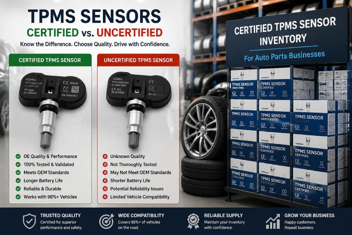 Side by side comparison of certified and uncertified TPMS sensors next to a wheel inventory stack