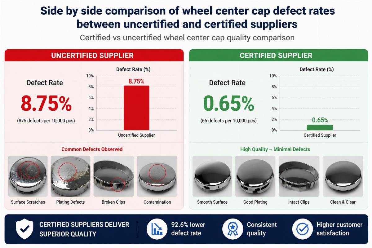 Side by side comparison of wheel center cap defect rates between uncertified and certified suppliers