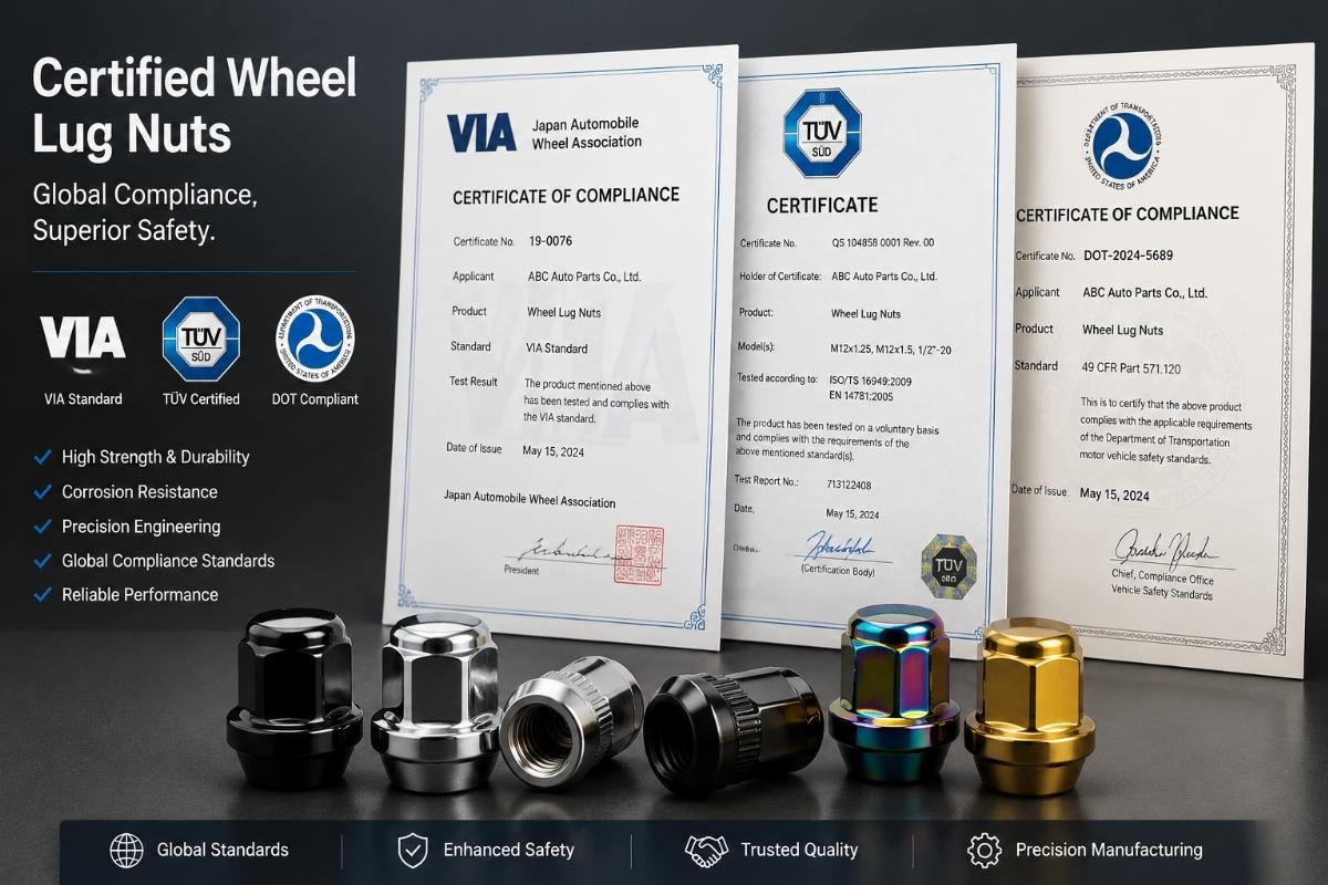Certified wheel lug nuts with global compliance standards A certification document stack showing VIA, TüV and DOT marks for auto parts