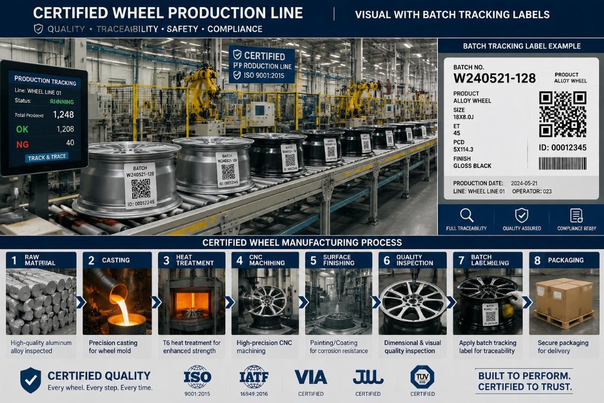 Certified wheel production line visual with batch tracking labels