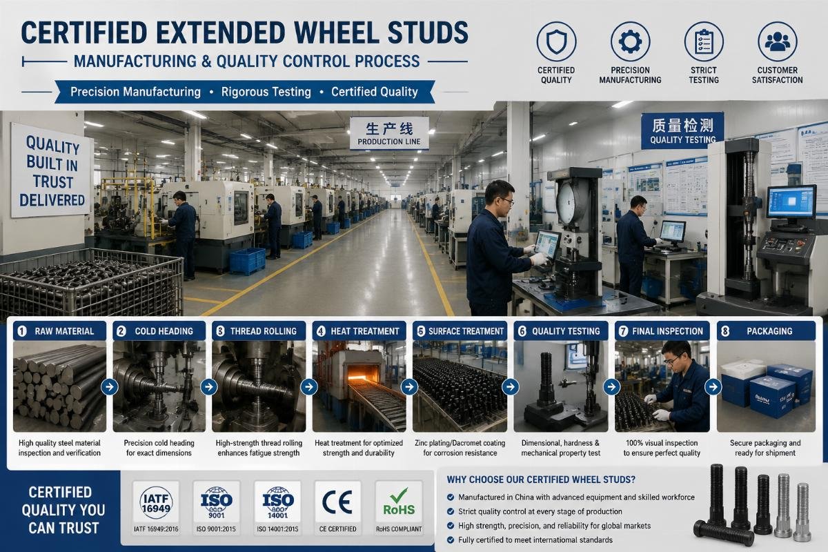 Factory production line for certified extended wheel studs with quality testing stations