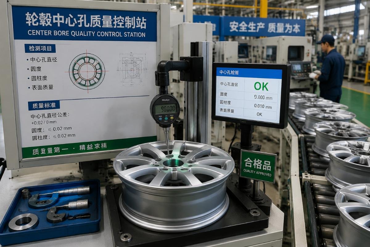 Factory production line showing center bore machining quality check station