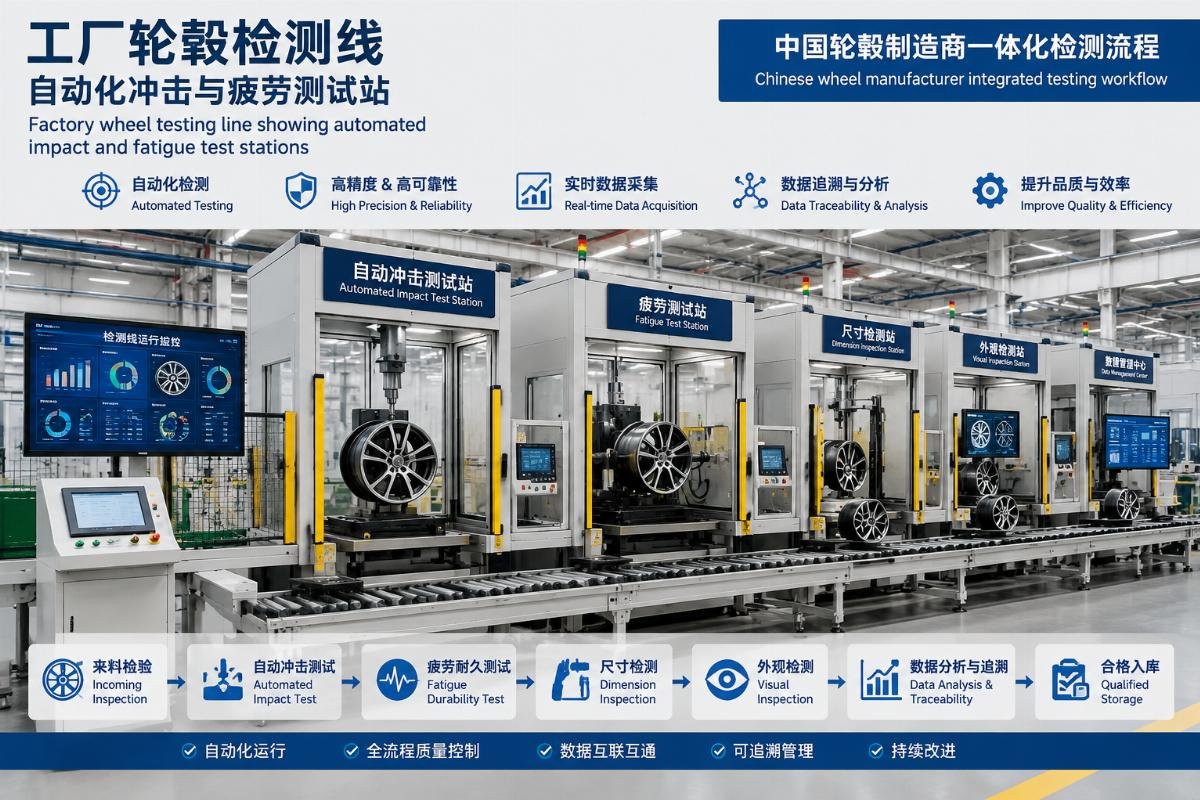 Factory wheel testing line showing automated impact and fatigue test stations