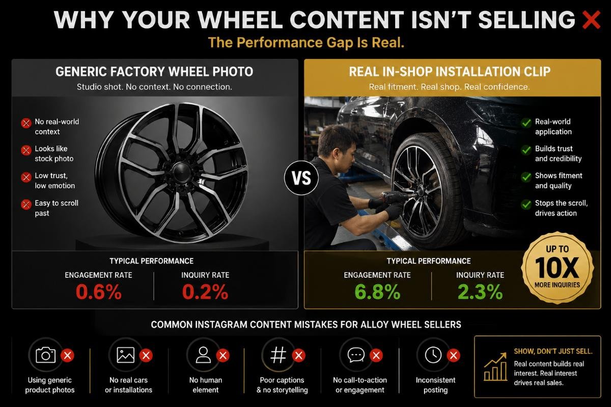 A side-by-side comparison of a generic factory wheel photo next to a real in-shop installation clip, showing the engagement and inquiry performance gap between the two