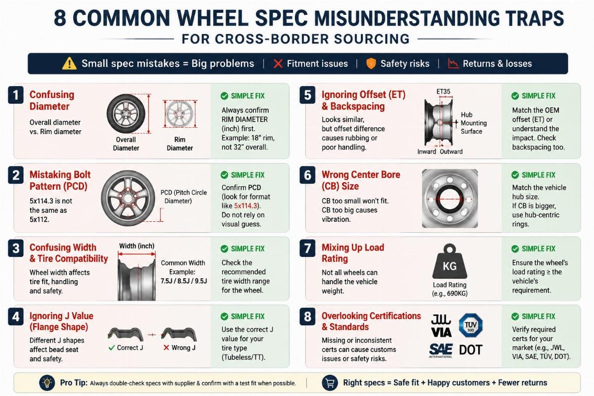 A visual list of 8 common wheel spec misunderstanding traps with simple fix notes