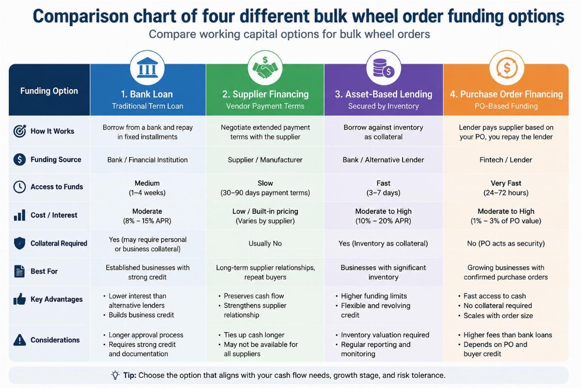 Compare working capital options for bulk wheel orders Comparison chart of four different bulk wheel order funding options